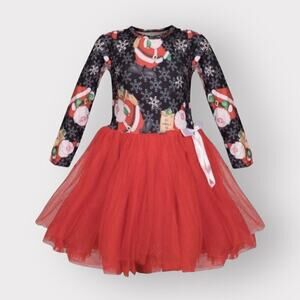 Santa Claus Christmas Dress NEW sz 8 10 Tulle Long Sleeve Snowflakes Black Red